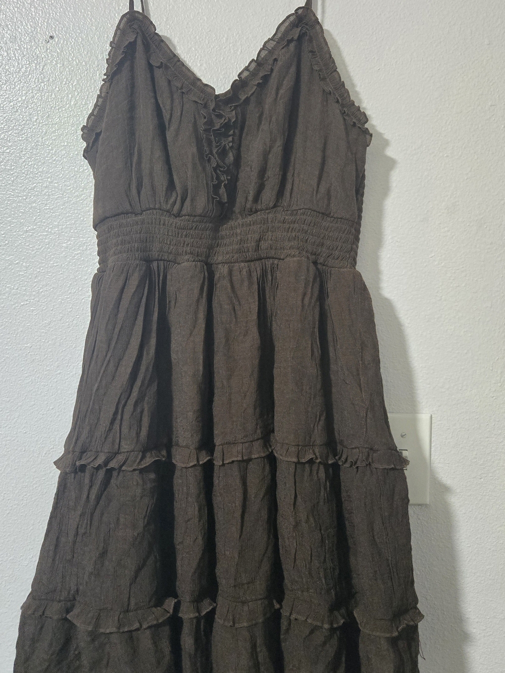 Just Found Brown Tiered Midi Dress with Ruffle Trim